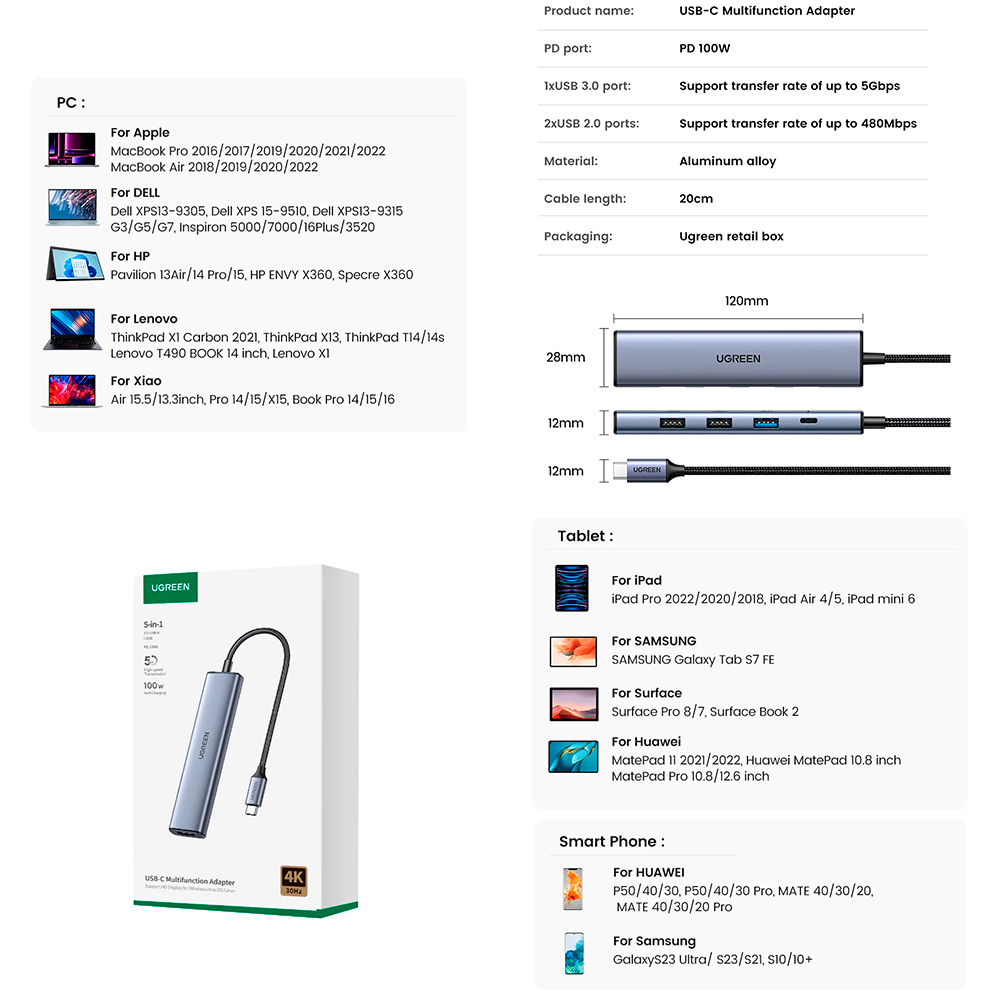 HUB Adaptador 5 en 1 Tipo C Windows Macos Linux 100W Ugreen