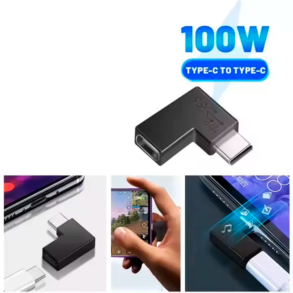 Adaptador Extensión USB-C Macho a USB-C Hembra 90° Grados Tipo "Codo" Plano