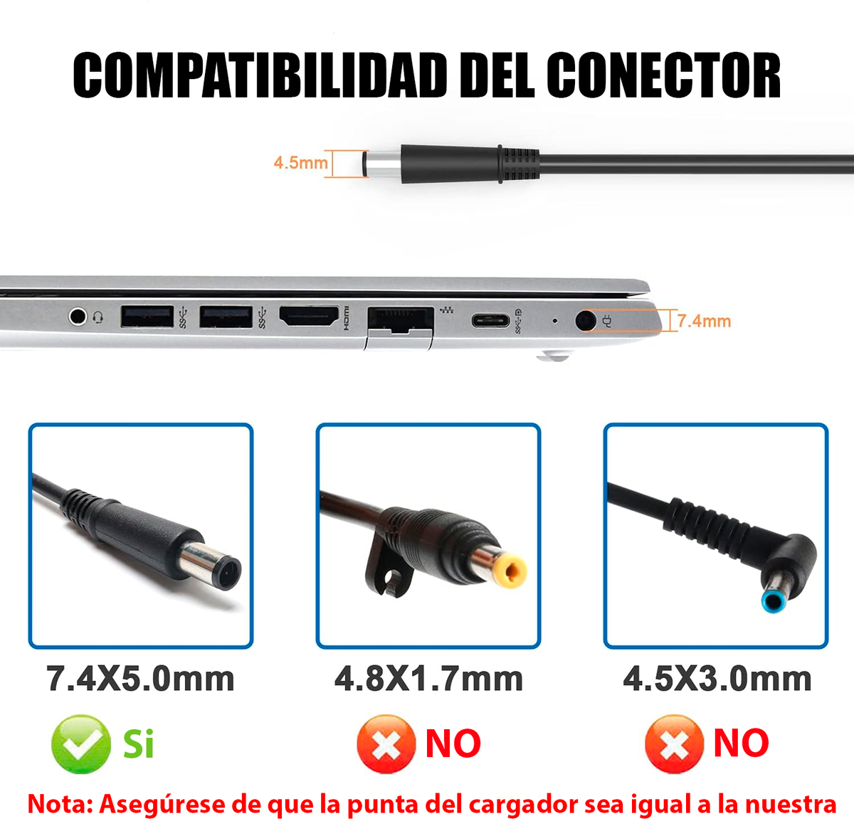 Cargador Notebook para HP 18.5V 3.5A 65W Plug Aguja 7.4x5.0mm
