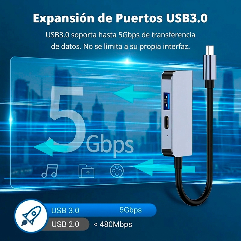 HUB Adaptador USB-C Multipuerto 3 en 1 (HDMI USB-C USB 3.0)