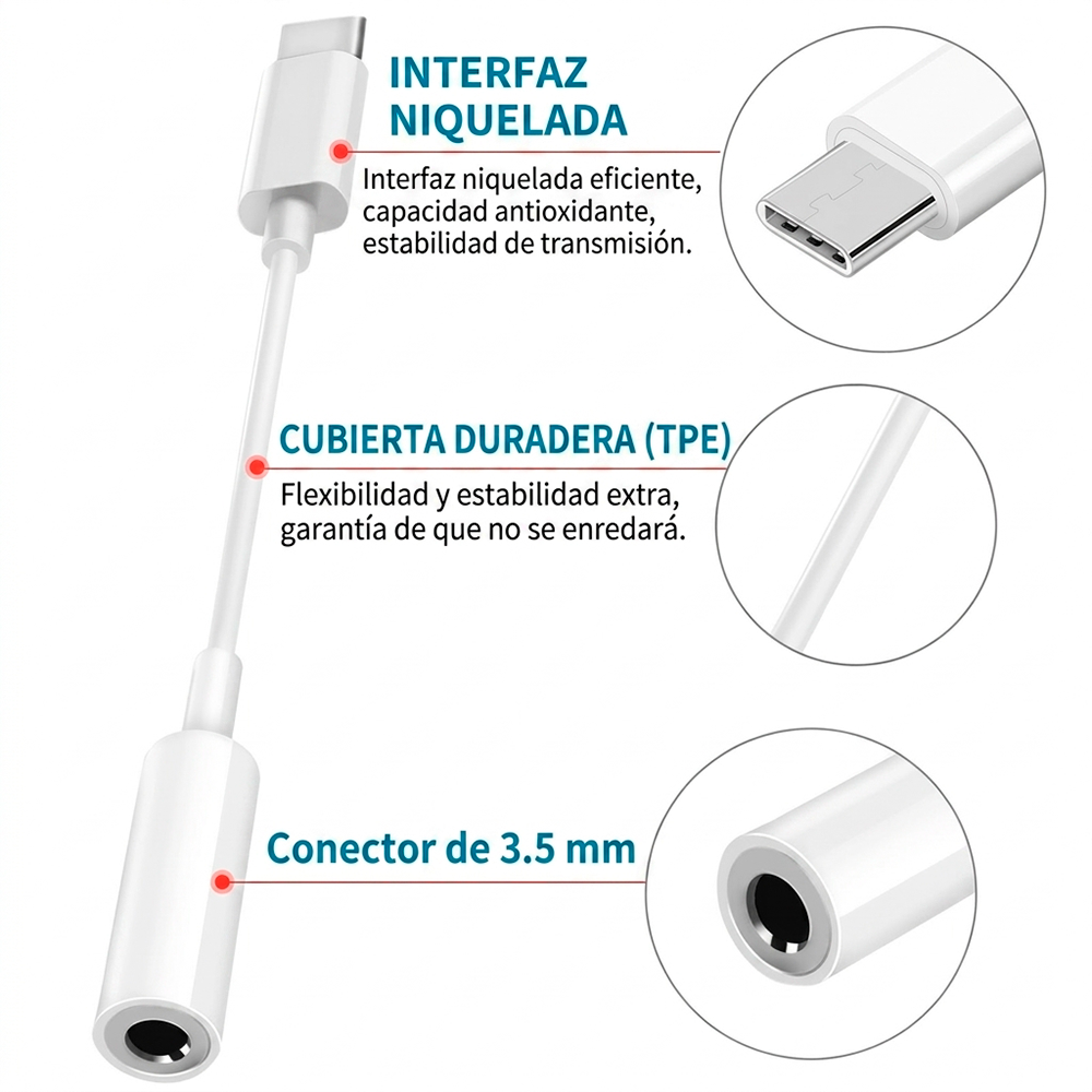 Adaptador de Audio USB-C a Jack 3.5 mm Audífono Micrófono