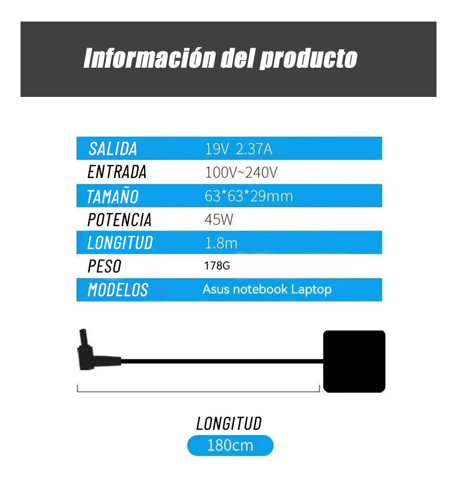 Cargador Notebook para Asus 19V 2.37A 45W Plug 4.0x1.35mm Cuadrado