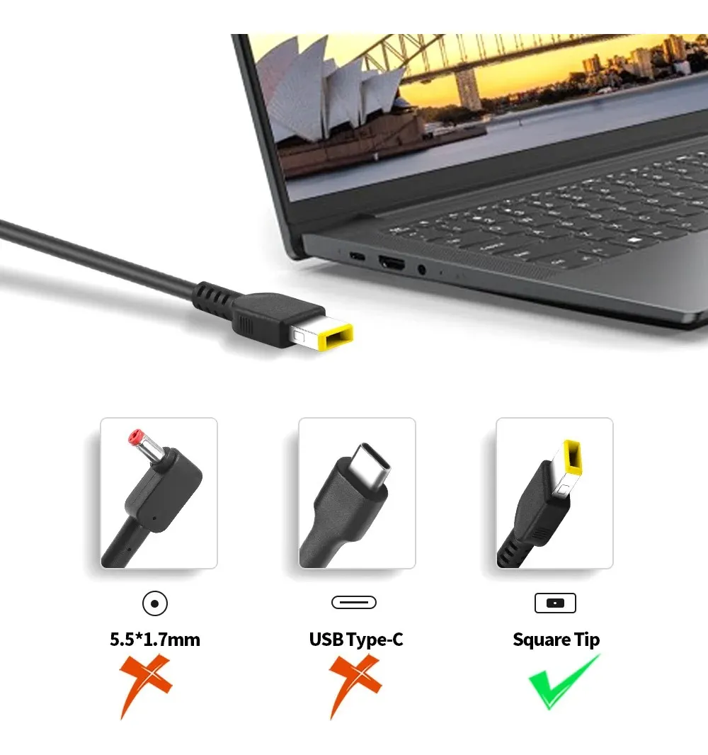 Cargador Notebook para Lenovo 20V 3.25A 65W Plug Rectangular amarillo