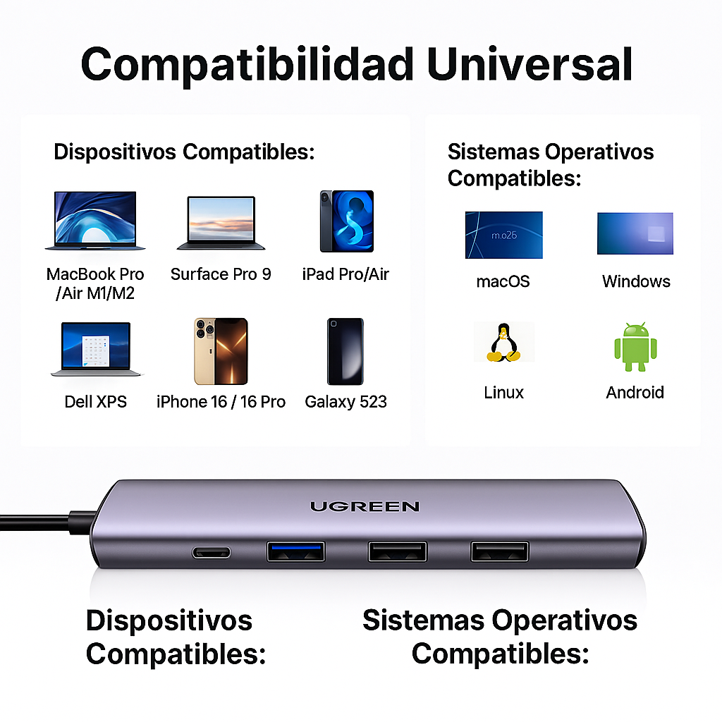 HUB Adaptador 5 en 1 Tipo C Windows Macos Linux 100W Ugreen