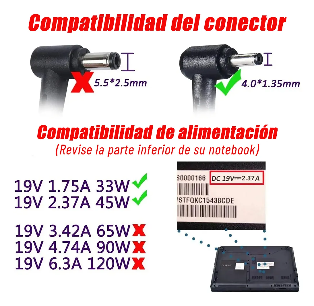 Cargador Notebook para Asus 19V 2.37A 45W Plug 4.0x1.35mm Cuadrado