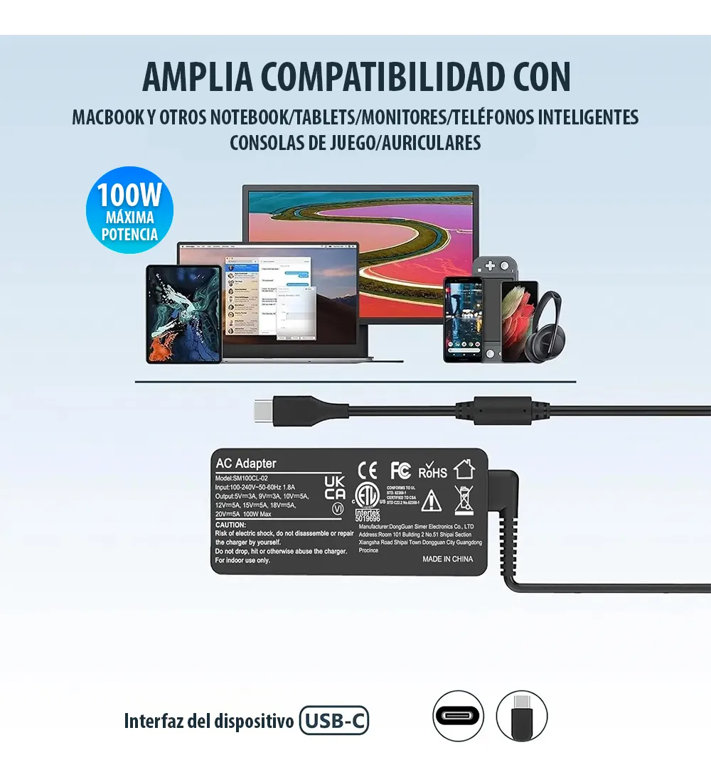 Cargador Notebook para Lenovo tipo USB-C 5A 100W