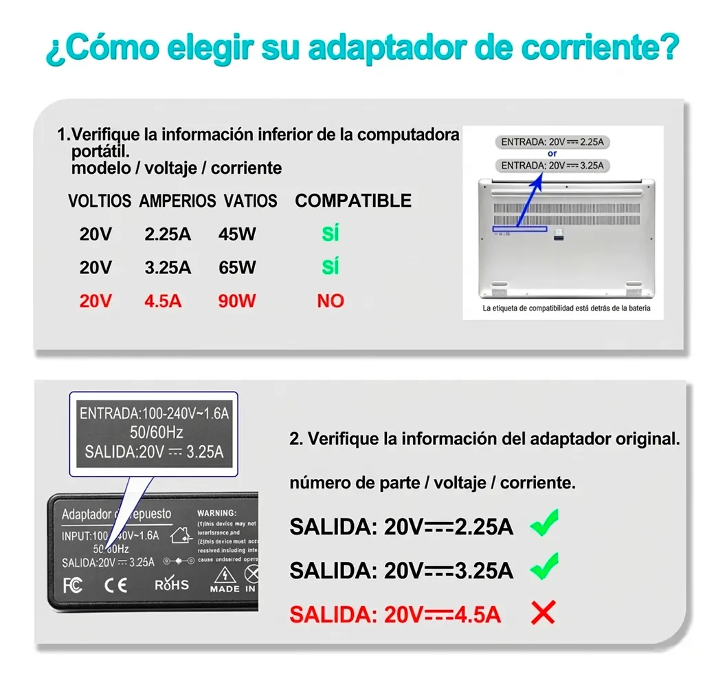 Cargador Notebook para Lenovo 20V 3.25A 65W Plug Rectangular amarillo