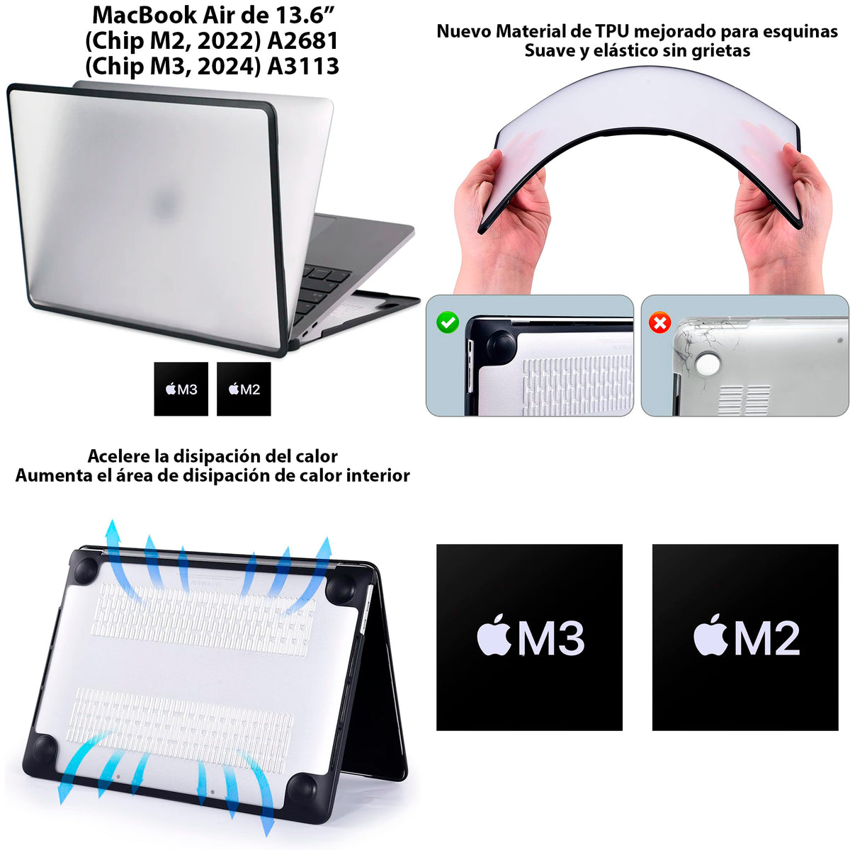 Carcasa para MacBook Air 13.6" M2 M3 M4 M5 Borde de Goma