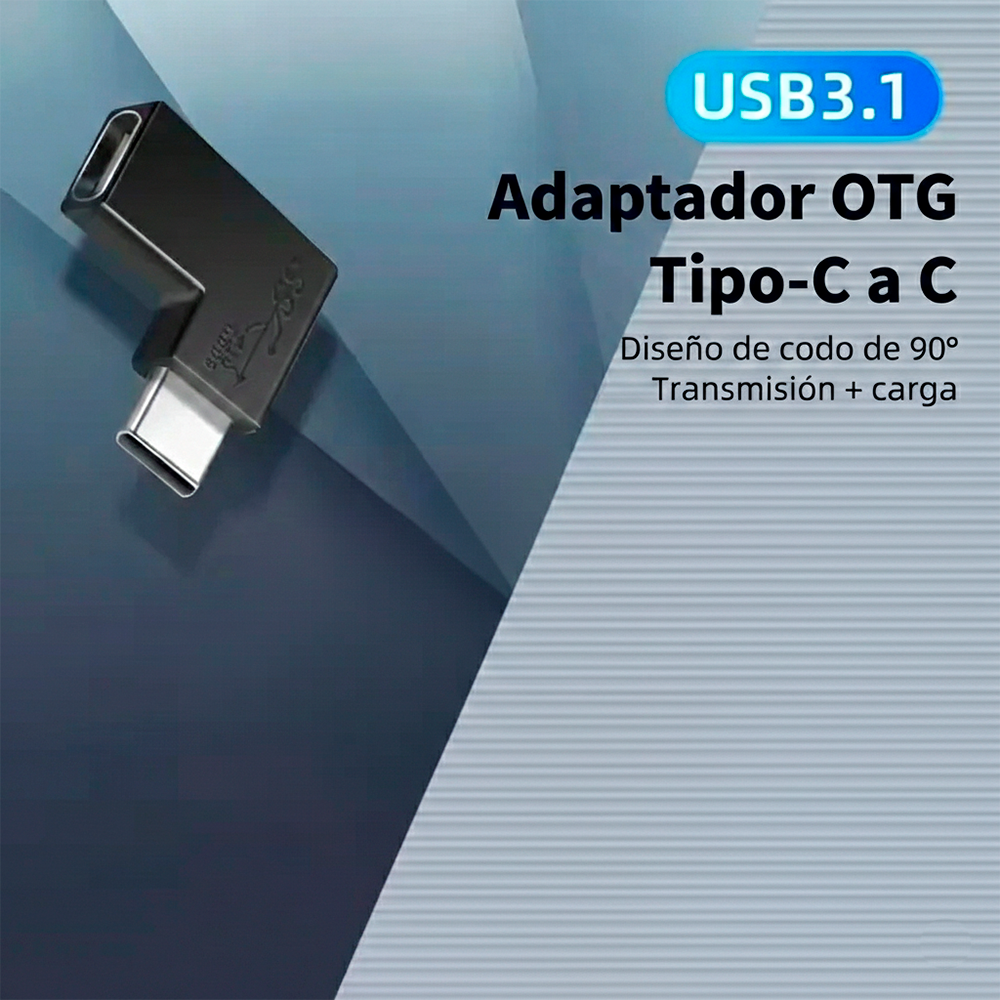 Adaptador Extensión USB-C Macho a USB-C Hembra 90° Grados Tipo "Codo" Plano