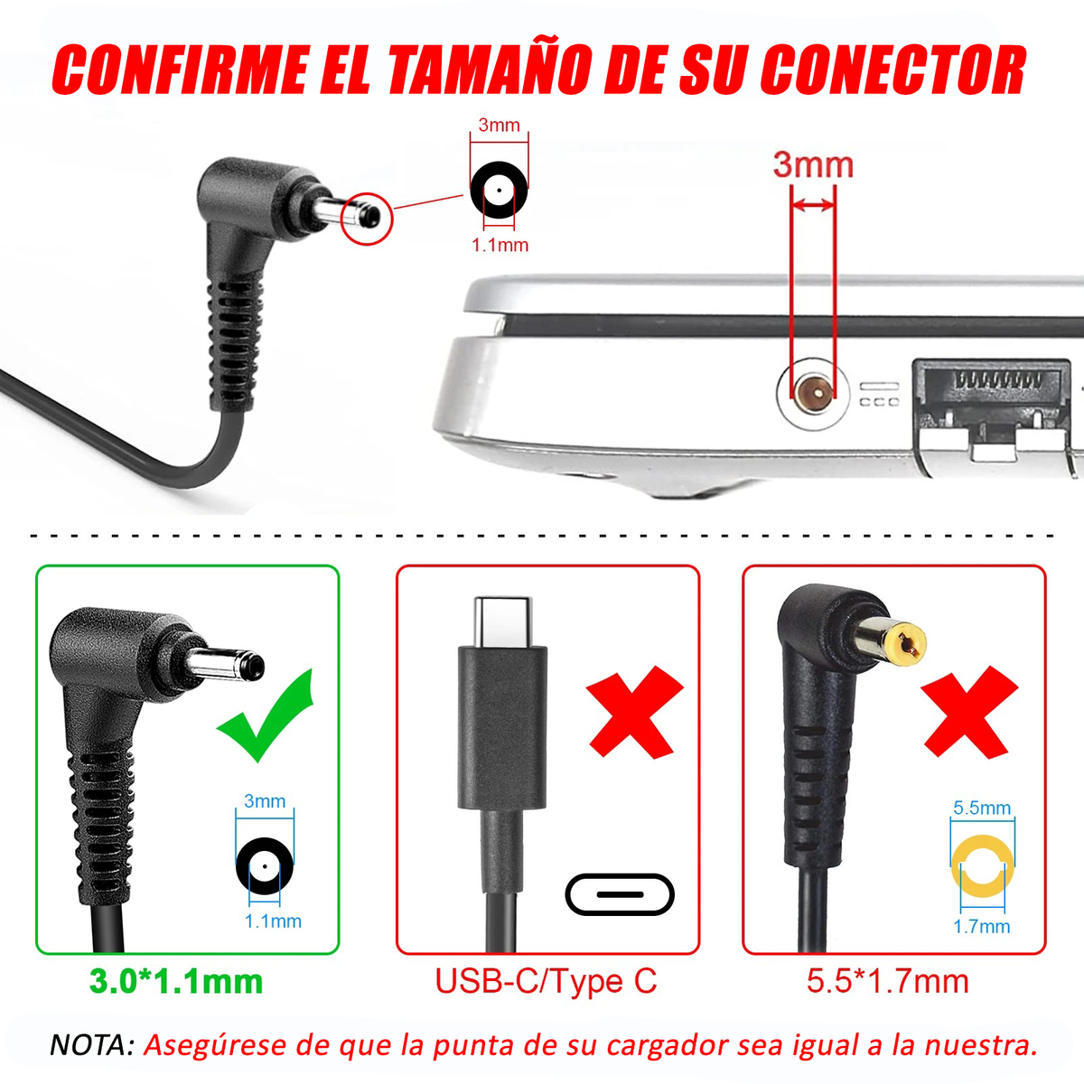 Cargador Notebook para Acer Aspire 19V 3.42A 65W Plug Negro 3.0x1.1mm