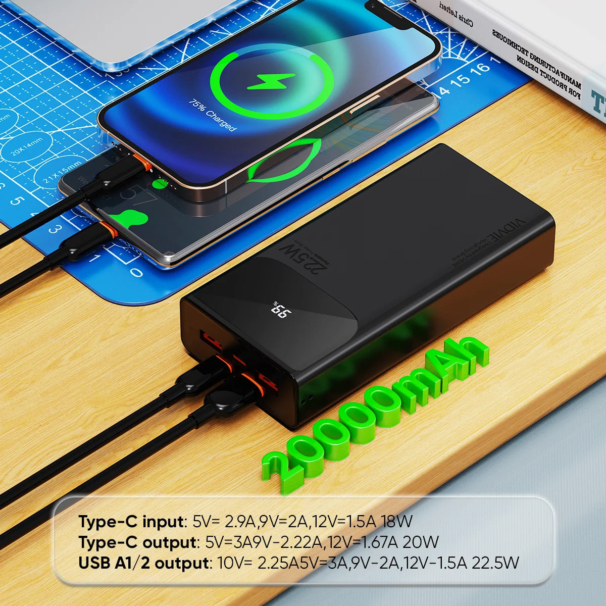 Batería Externa 20000 mAh Carga Rápida 22.5W