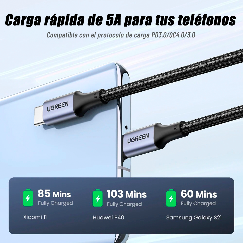 Cable Ugreen USB-C a USB-C 100W 5A Carga para iPhone MacBook iPad de 1m