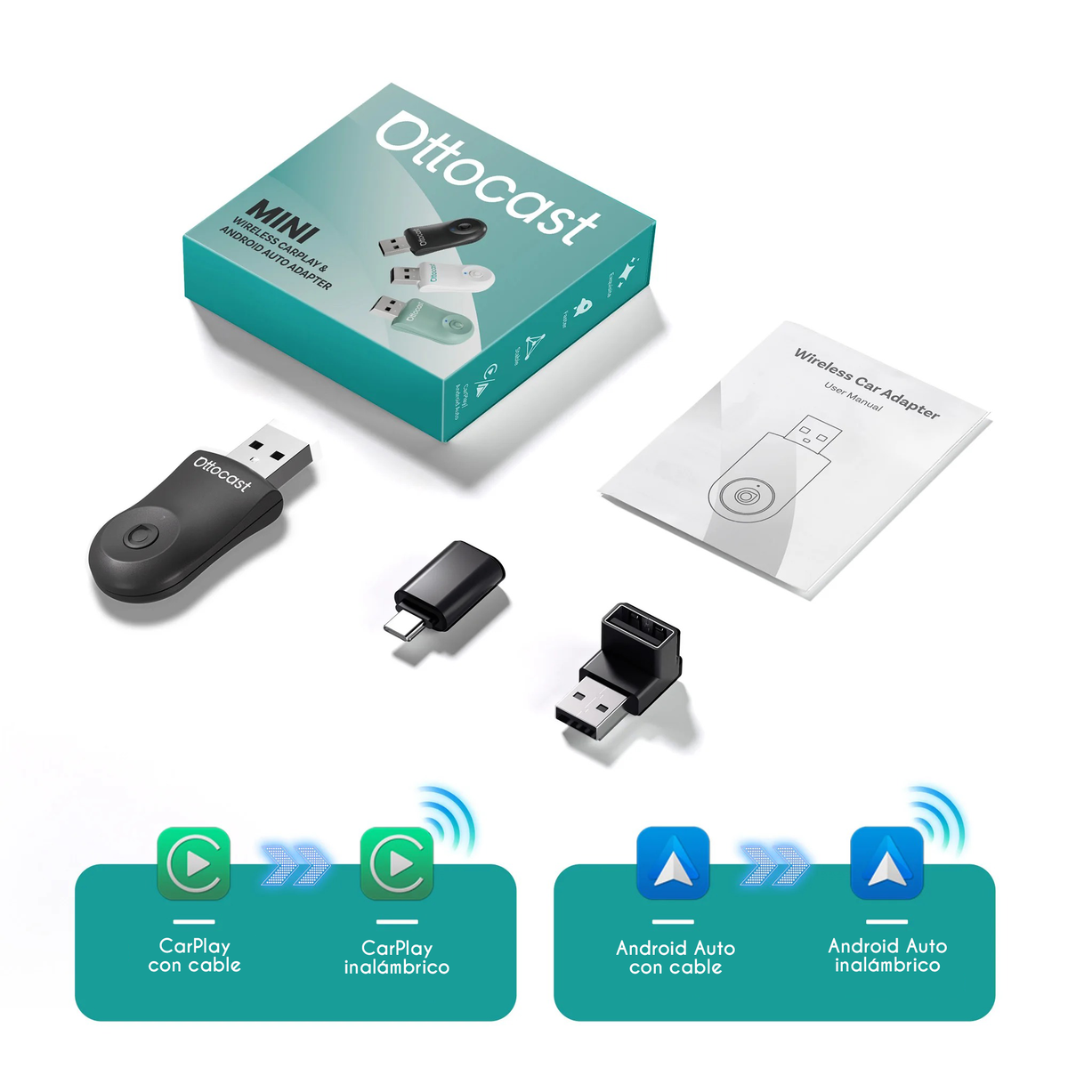 Adaptador Inalámbrico 2 en 1 USB Carplay Android Auto Wifi
