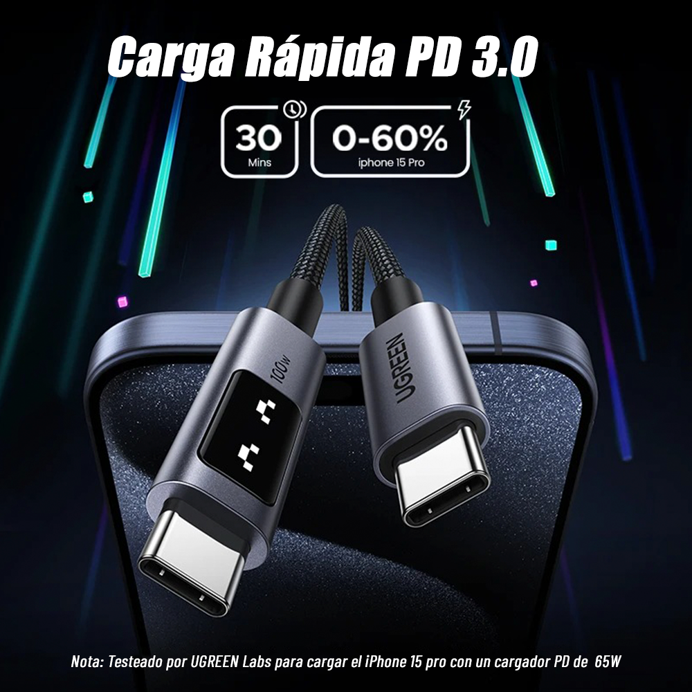 Cable Ugreen USB-C 100W Carga Rápida iPhone 17 16 15 MacBook de 1m