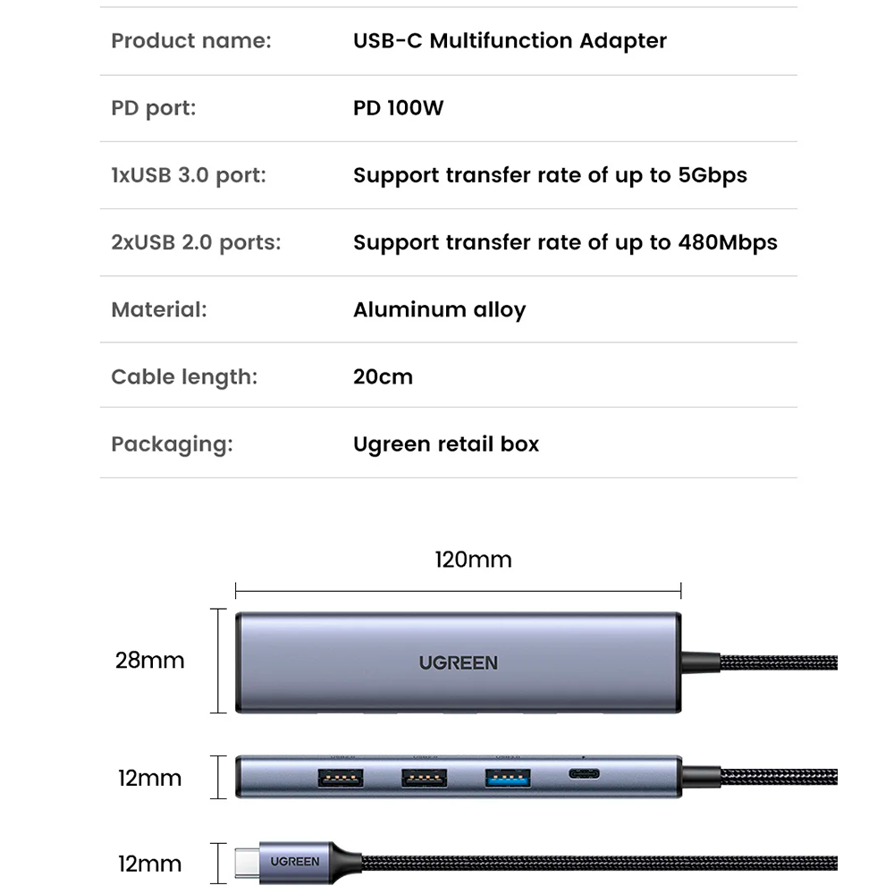 HUB Adaptador 5 en 1 Tipo C Windows Macos Linux 100W Ugreen